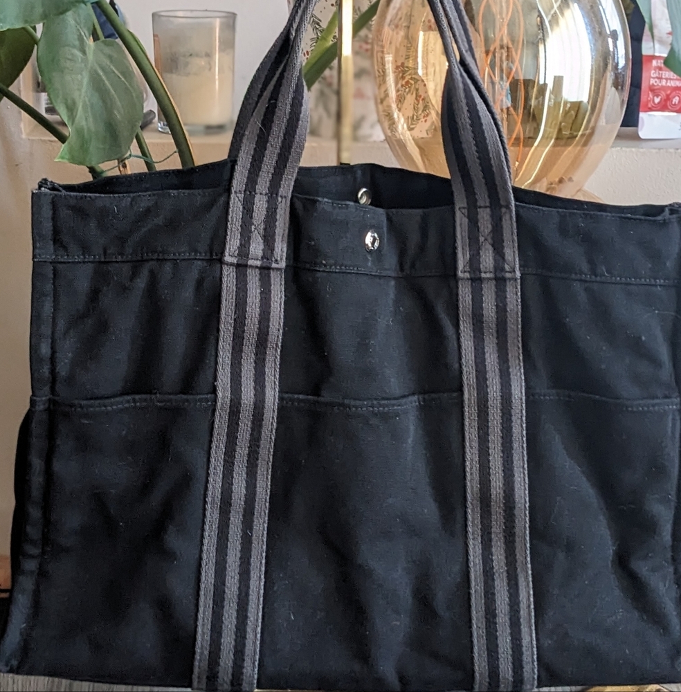 Hermes Black Canvas Tote with Gray Striped Handles